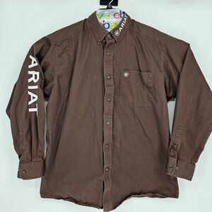 Ariat Shirt Mens XL Button Down Brown Embroidered Spell Out Western Rodeo